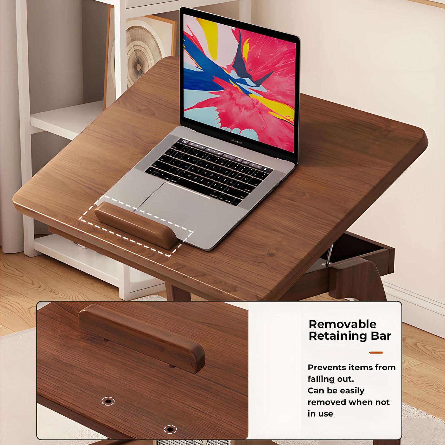 Mesa Auxiliar De Madera con Bandeja Inclinable Y Ruedas,Mesa En Forma C