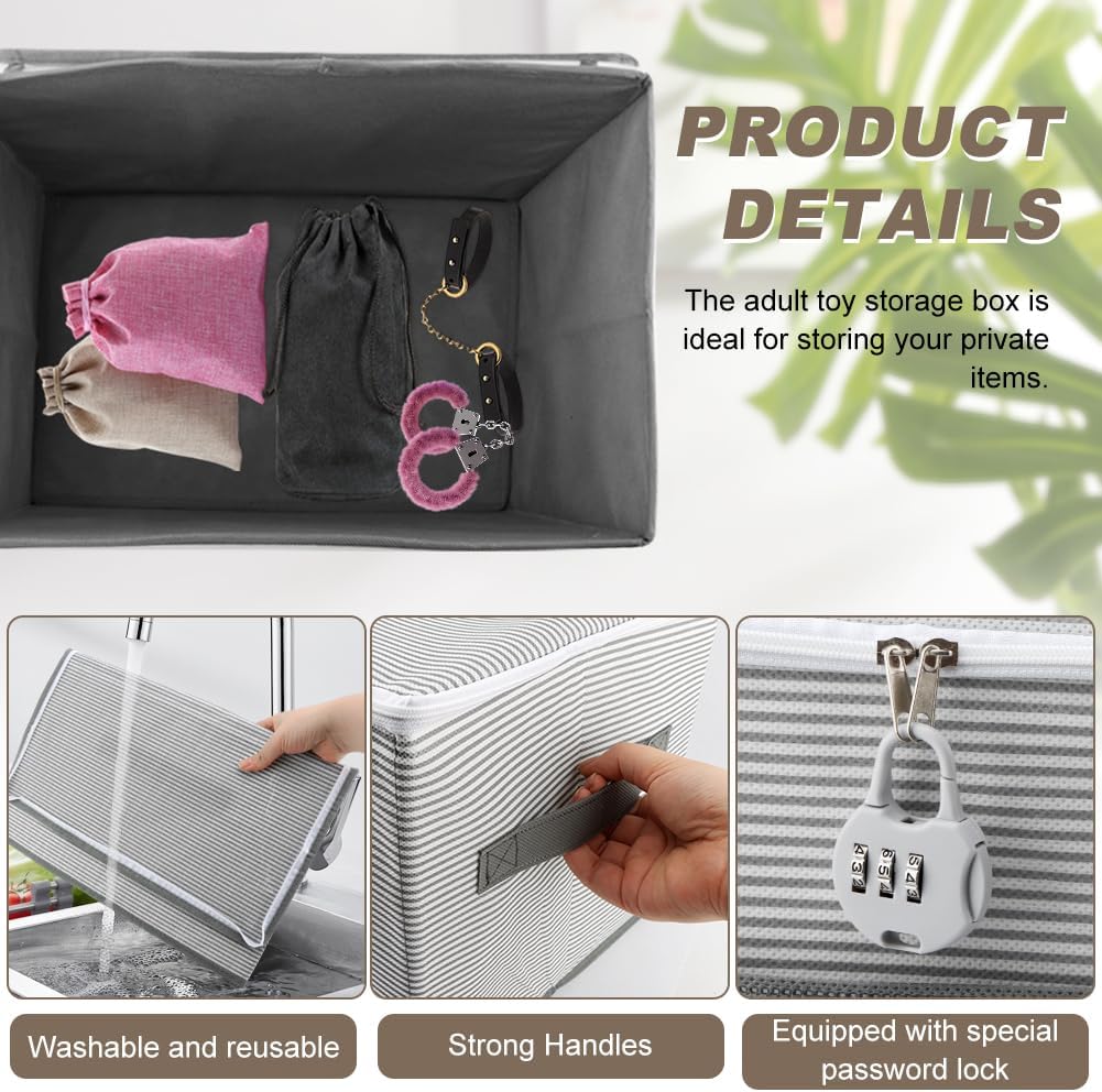 Discreet Lockable Adult Toy Bag Storage Organizer, Foldable Clothes Storage Bin Container with Zipper Lid Toy Storage- Organizer for Women and Men (Gray Stripes)
