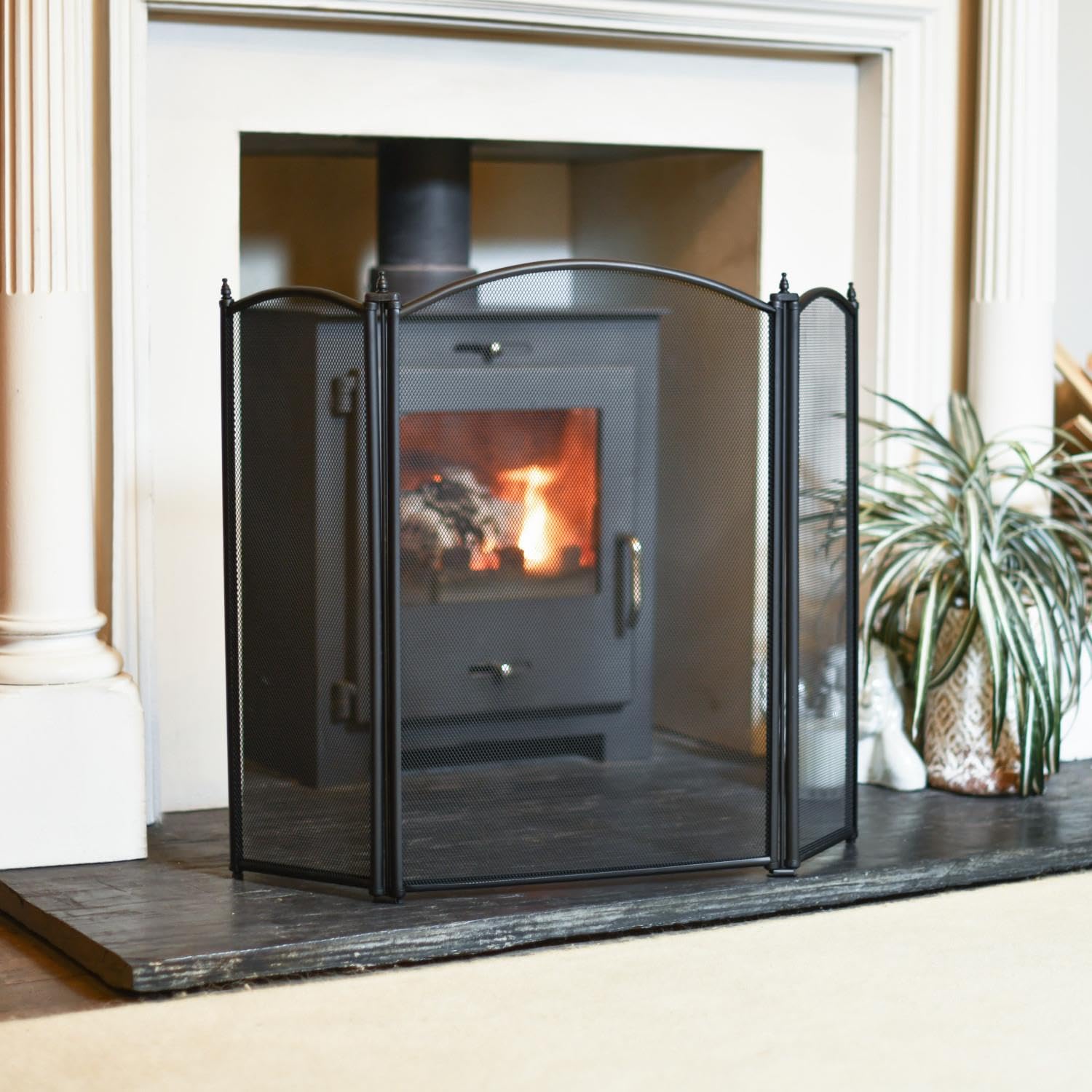 Black Country Metal Works Black Classic 'Court Manor' Three Fold Fireguard Fire Screen – Classic Style Mesh Guard For Log Burners & Open Fires – Spark & Debris Protection