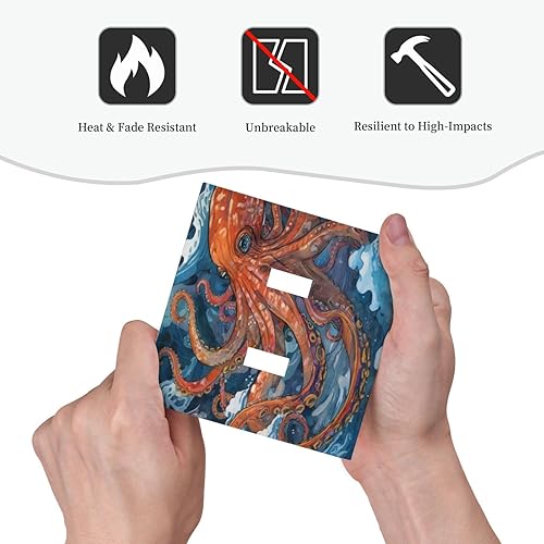 Miniatura 6 de Cubierta decorativa de interruptor de luz de doble palanca con diseño de pulpo rojo, monstruo y ola de mar azul, cubierta decorativa de placa de