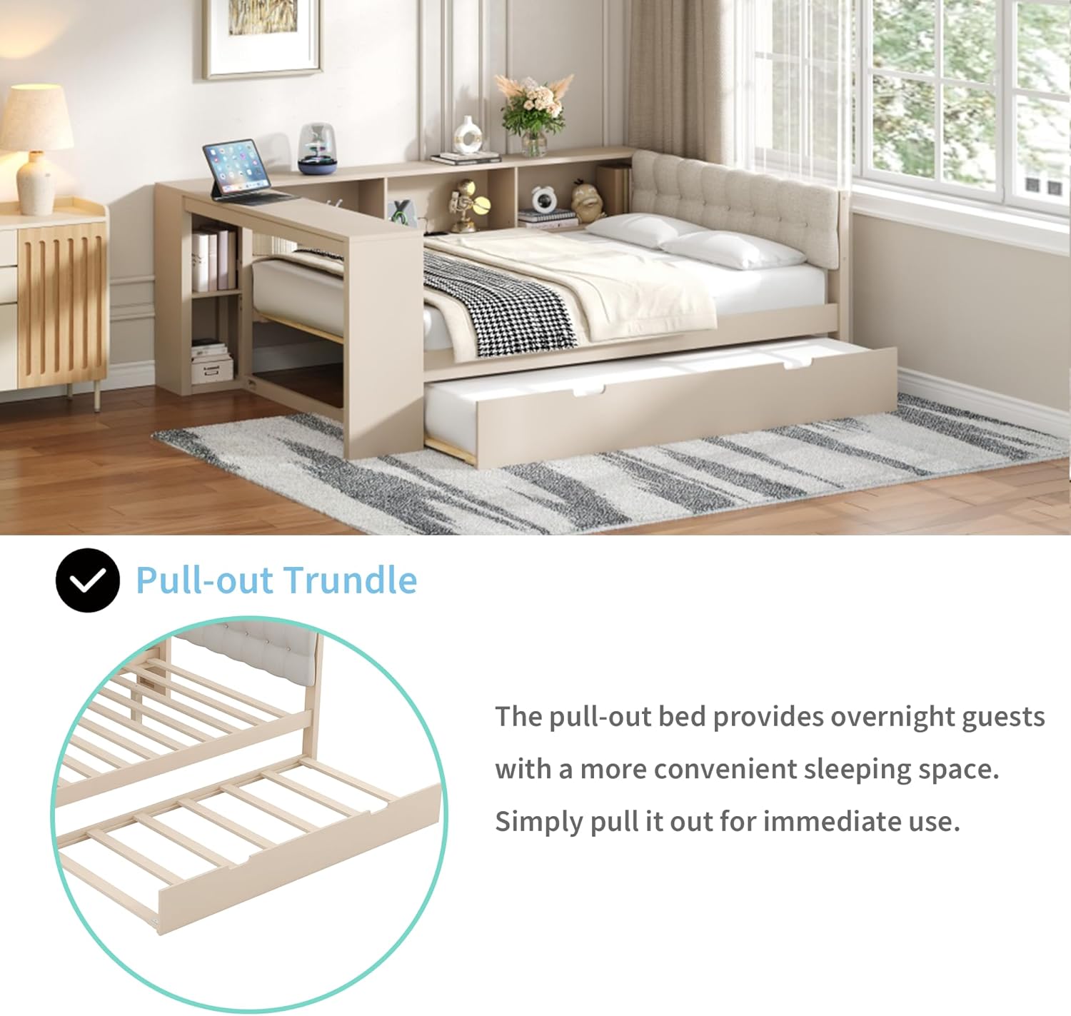 Polibi Full Size Platform Bed with Linen Upholstered Headboard,Trundle, Storage Shelves, Charging Station & USB Ports, No Box Spring Needed,Daybed Frame for Guest Room,No Box Spring Needed,Cream