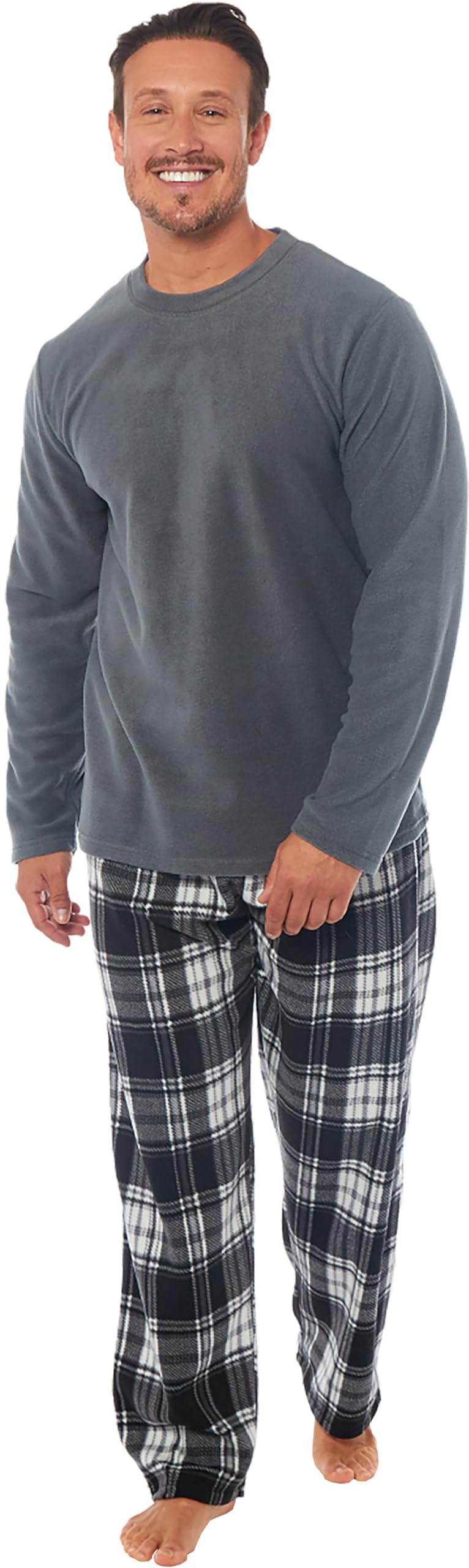 Michael Paul Men's Charcoal (Check) Soft & Cosy Fleece Pyjamas | Warm Pj Set Nightwear Sleepwear Loungewear Modern Set With Check Bottoms | Soft Twosie Pyjama Set For Gifts For Him Charcoal Check Xxl