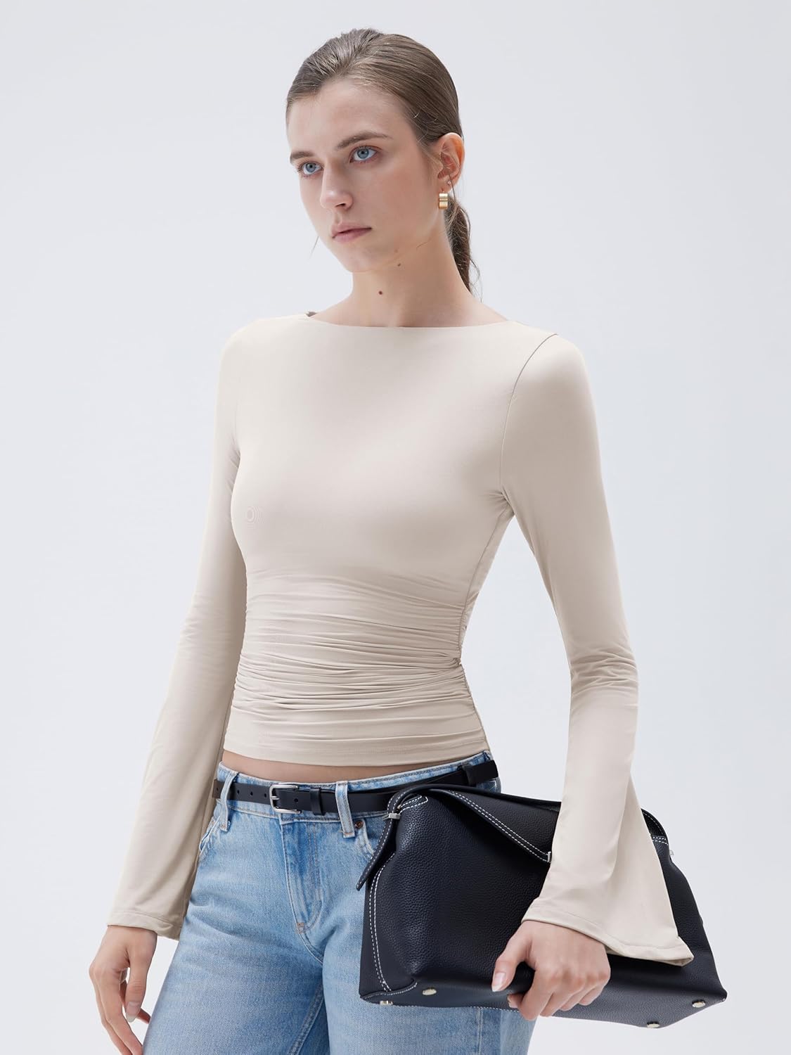 SUUKSESS Women Crew Neck Bell Sleeve Tops Double Lined Going Out Fitted Basic T Shirts - Image 2