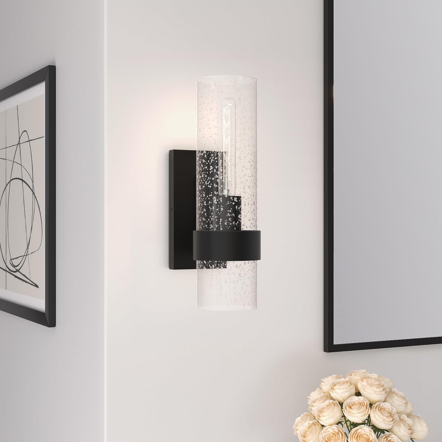 ML Lighting | 15101-MB | 1 Light Wall Sconce in Matte Black Finish with Clear Seeded Glass Shade | Enhance Any Room with a Beautiful Glow for Accent or Task Lighting