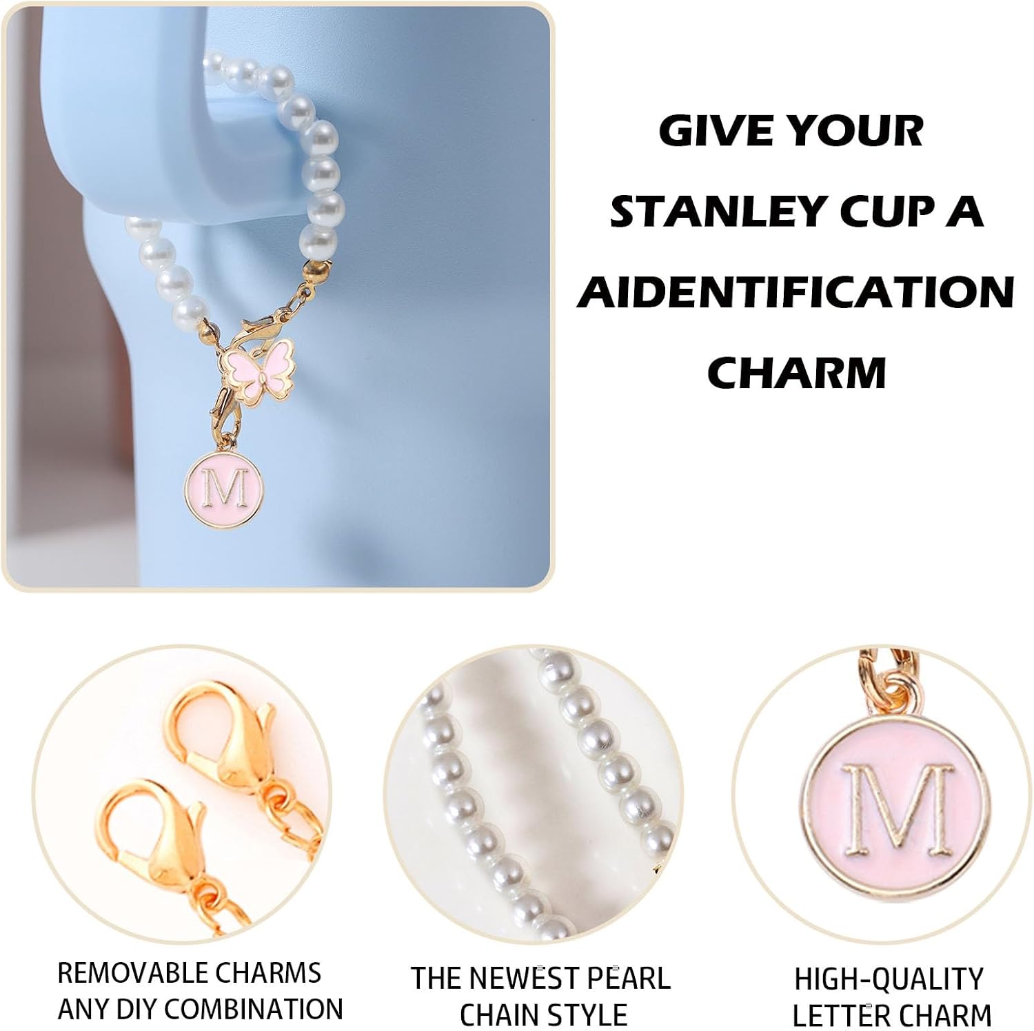 Accessories for Stanley Cup Pearl Chain Initial Accessoriess for Handle Stuff Decor Water Bottle Jewelry Tumbler Cute Simple Modern Personalized Name ID Decorations Letter Pink Tag M image 3
