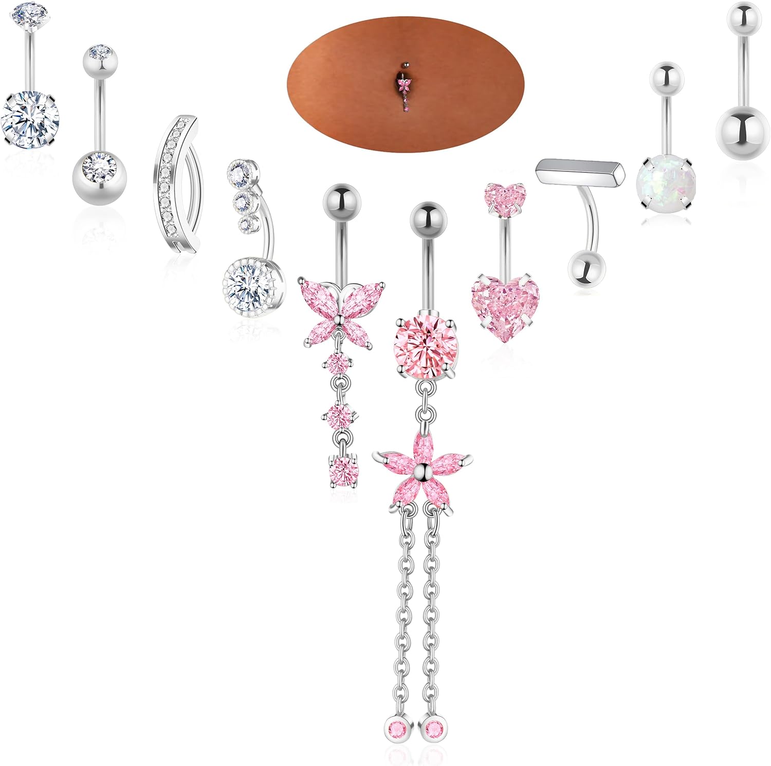 Gold Silver Belly Button Ring Belly Rings for Women Belly Button Piercing 14G Surgical Stainless Steel Dangle Flower Pink Heart Opal Navel Belly Piercing Jewelry Clicker Belly Button Jewelry