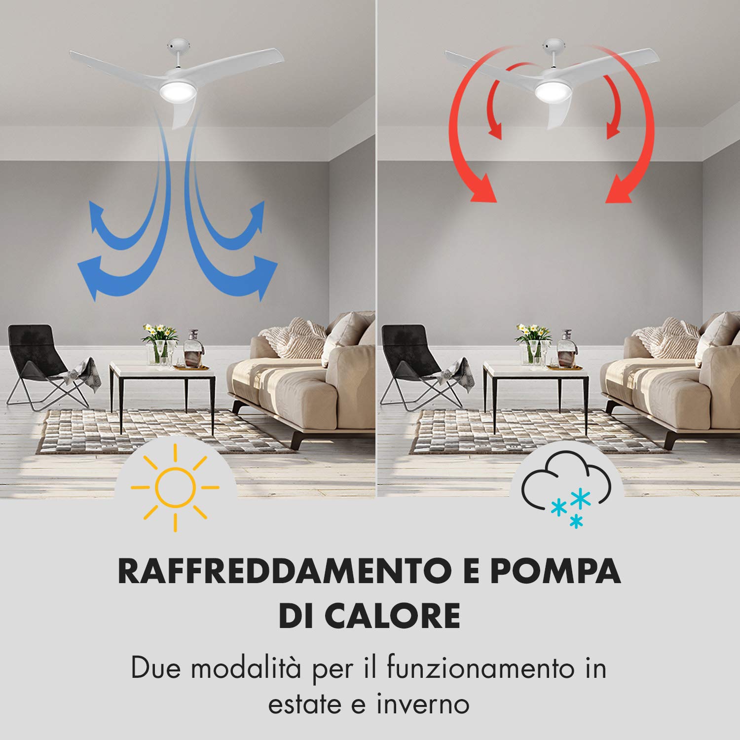 Klarstein Figo Ventilatore da soffitto - 2 in 1: ventilatore & plafoniera (2 x 42 W), Diametro: 52" (132 cm), 3 pale, Portata d'aria: 9.018 m³/h, 2 direzioni di rotazione, 3 velocità, bianco
