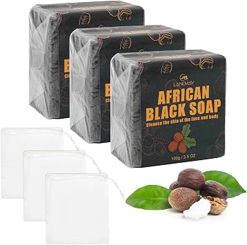 3 Packs African Black Soap, Black African Soap for Face Body Hand | Black Soaps with Foaming Nets for Men Women Deep Cleansing, Moisturizing and Nourishing 3, Black