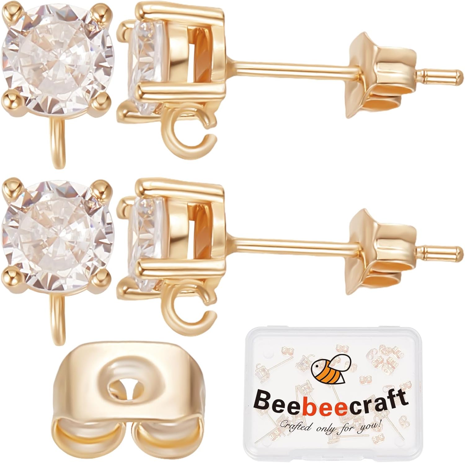 Beebeecraft 1 Box 20Pcs Stud Earring Findings 18K Gold Plated Brass Zirconia Earring Post with Loop Round Earring Component for Mother's Day Valentine's Day Anniversary DIY Earring Making