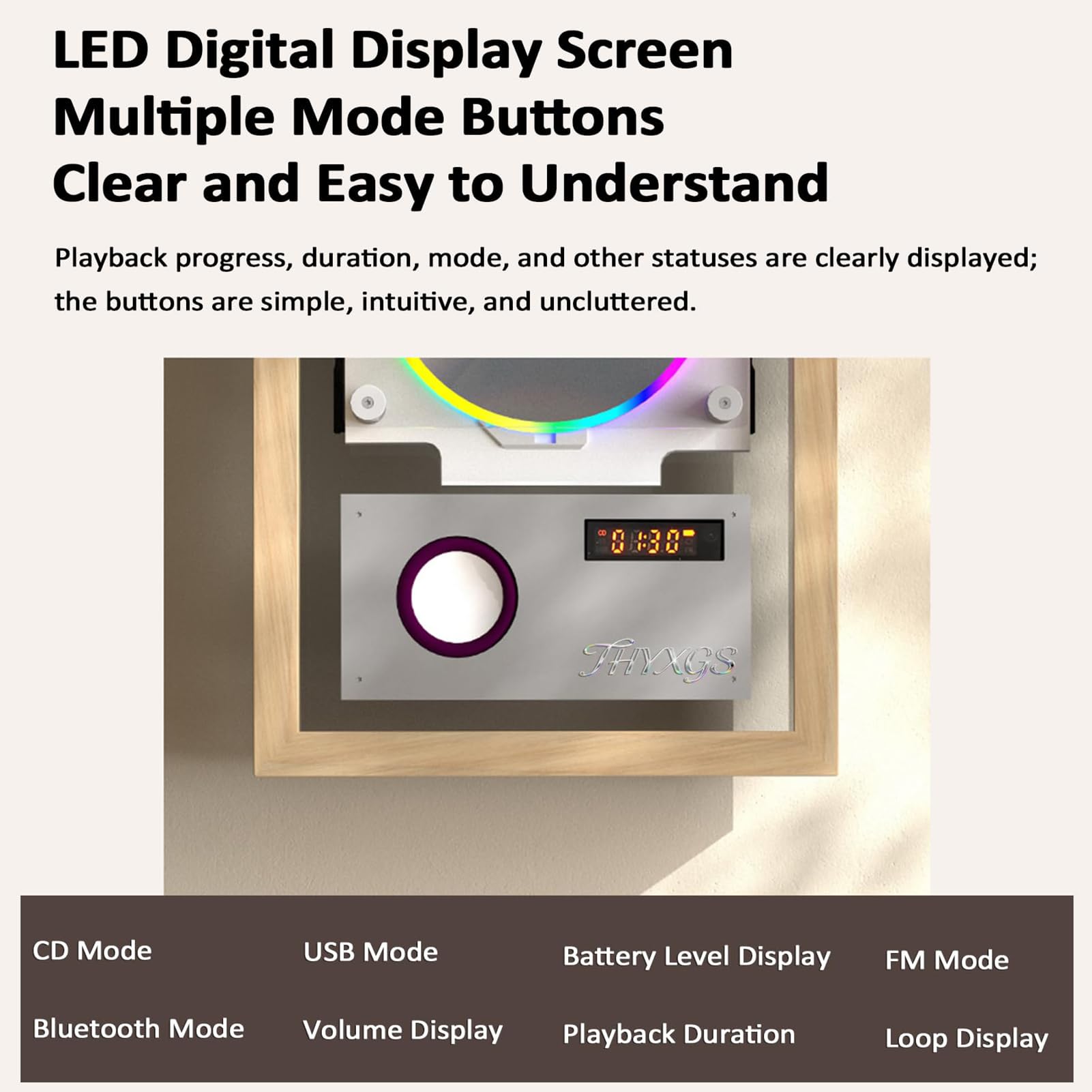 Lettore CD da Parete Lettore Musicale Bluetooth con Display LED | Lettore CD Decorativo con Bluetooth 5.1 Riproduzione USB AUX Telecomando Design a Disco Rotante per Intrattenimento Audio(C)