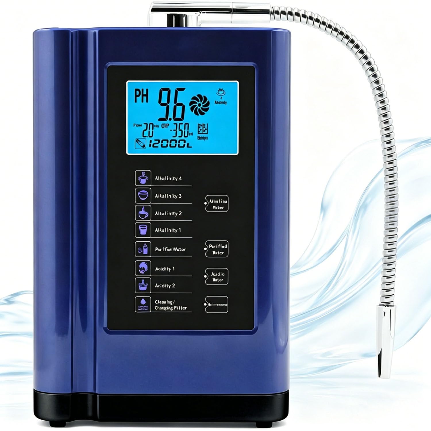 Ionizador de Agua alcalina AG7.0 Plateado, Mecanismo de filtración de Agua para el hogar con pH 3.5-10.5, 7 configuraciones de Agua, 8000 litros por Filtro, autolimpieza Blue