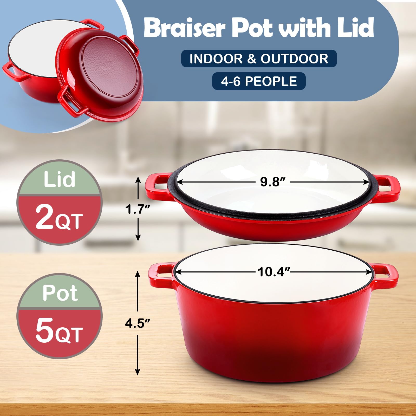 HaSteeL Forno olandese smaltato 5QT, Pentola Ghisa Smaltata (rosso)