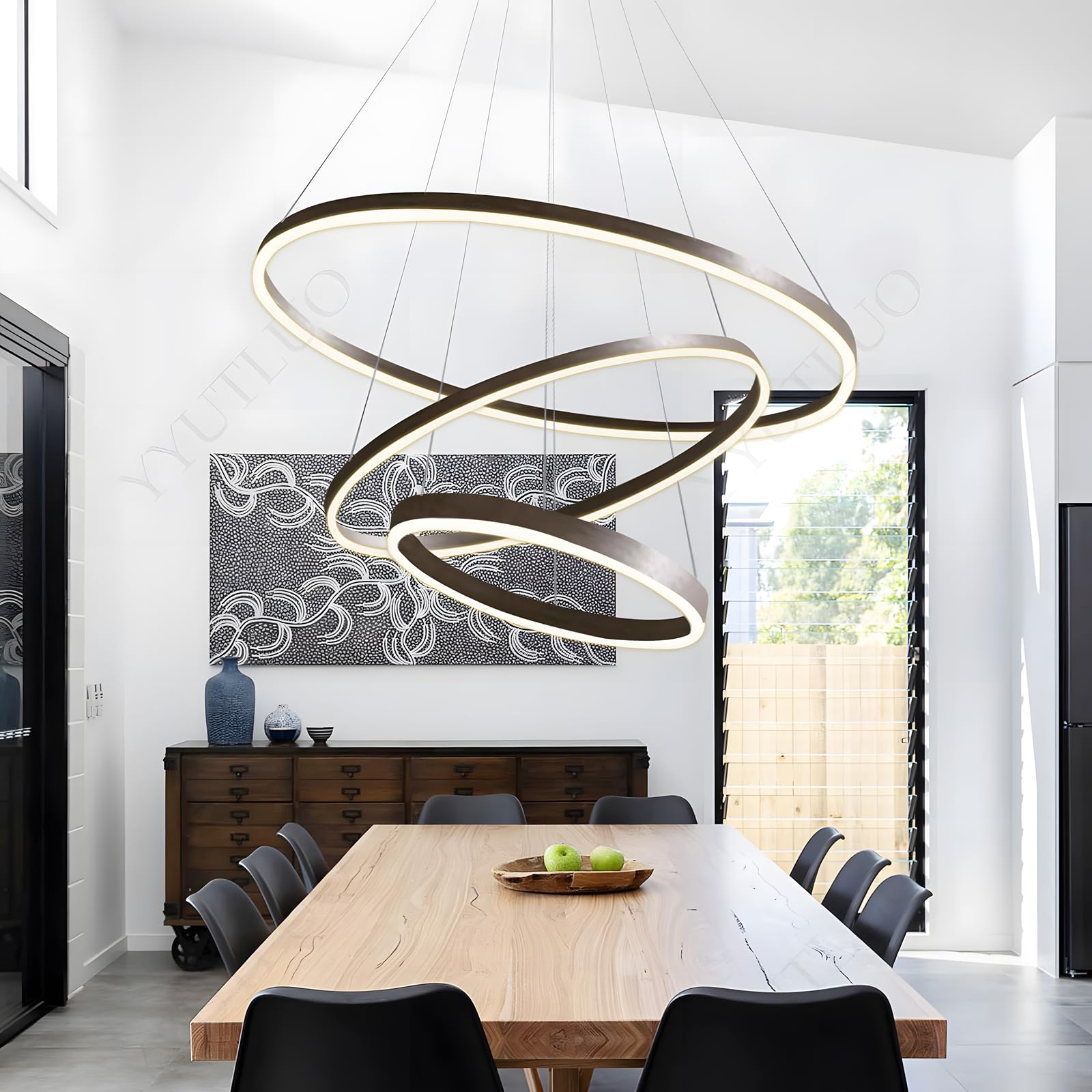 Nowoczesny Okrągły Żyrandol Led DIY | 3 Brązowy Pierścienie, ∅40+60+80cm=90W，H200cm Wysokość Nastawny, Metalowy + Akrylowy, Ściemniany Pilotem Okrągła Lampa Wisząca Sufitowa, Salon Sypialnia