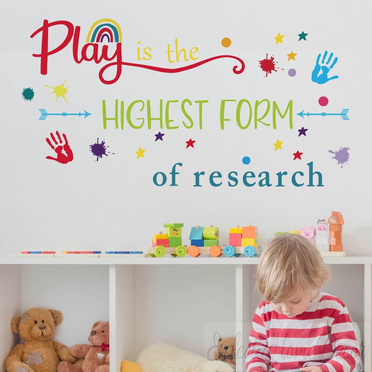 Educational Quote Wall Decals - Play is the Highest Form of Research Rainbow Classroom Decor, Motivational Playroom Stickers, Colorful Kids Nursery Wall Art, Peel & Stick Inspirational Decor