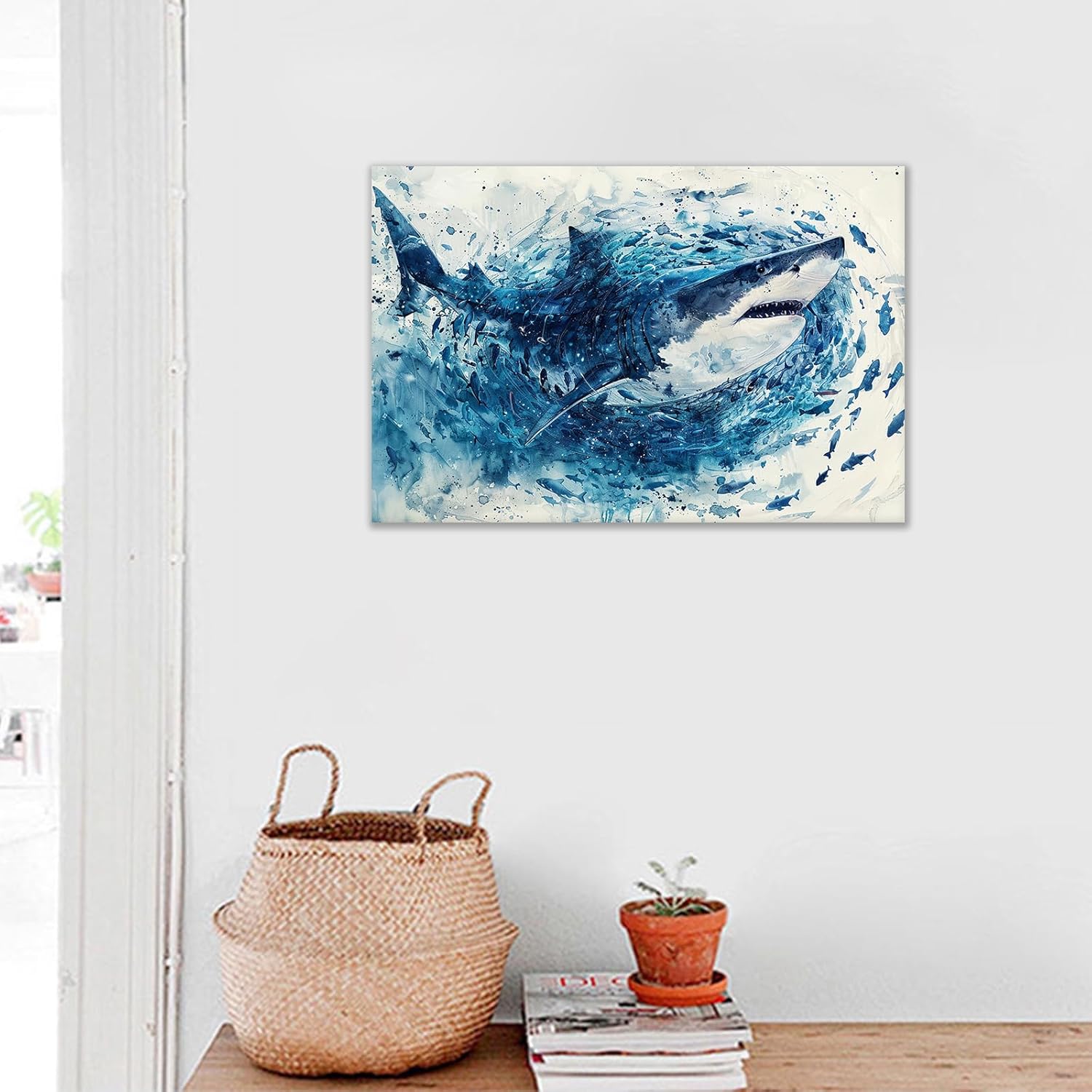 Underwater Animal Canvas Wall Art Great White Shark Catching Fish Blue Ocean Theme Picture Print Sea Life Painting Poster Wall Decor for Modern Home Bedroom Bathroom Ready to Hang [18''Wx12''H]