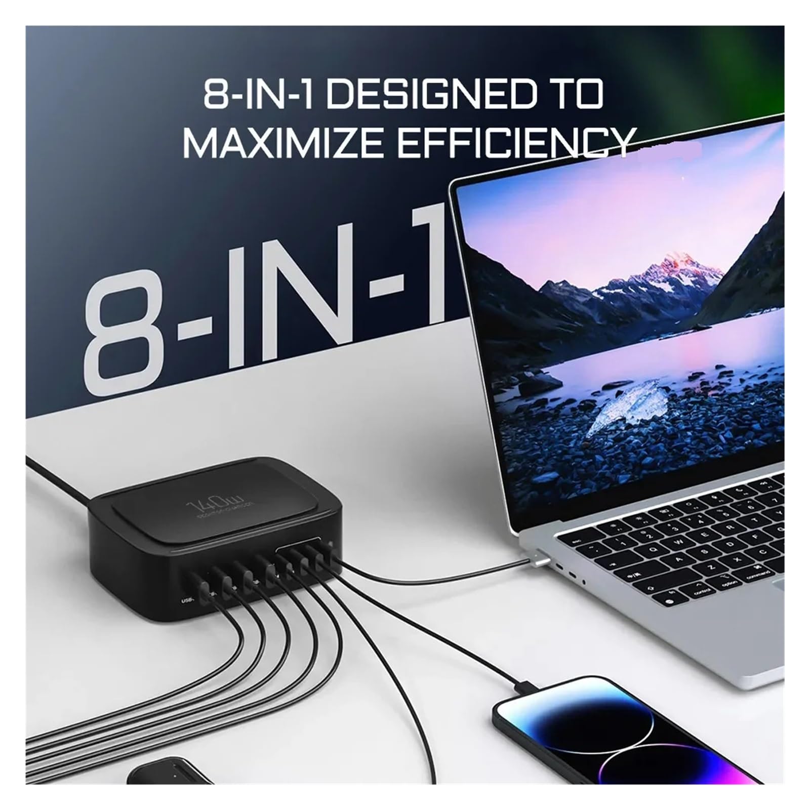 Ładowarka USB C Z 8 Portami I Mocą 140 W. Szybka QC3.0 PPS Technologia Szybkiego Bezpiecznego ładowania