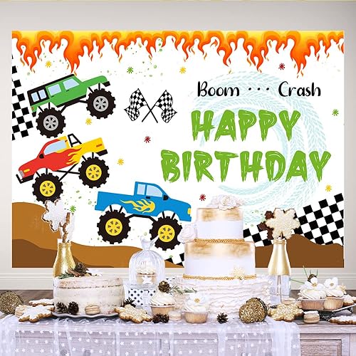 Miniatura 6 de Lofaris Cartón de cartón de 7 x 5 pies con temática de camión de feliz cumpleaños, monstruo para niños, fondo de feliz cumpleaños, fotografía,