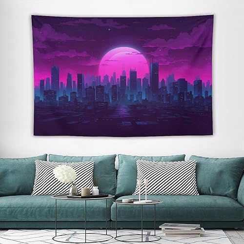 Miniatura 3 de QEOPGNE Tapiz de pared grande con diseño de ondas de vapor púrpura con ondas de vaporizador y paisaje urbano Synthwave Retrowave para dormitorio