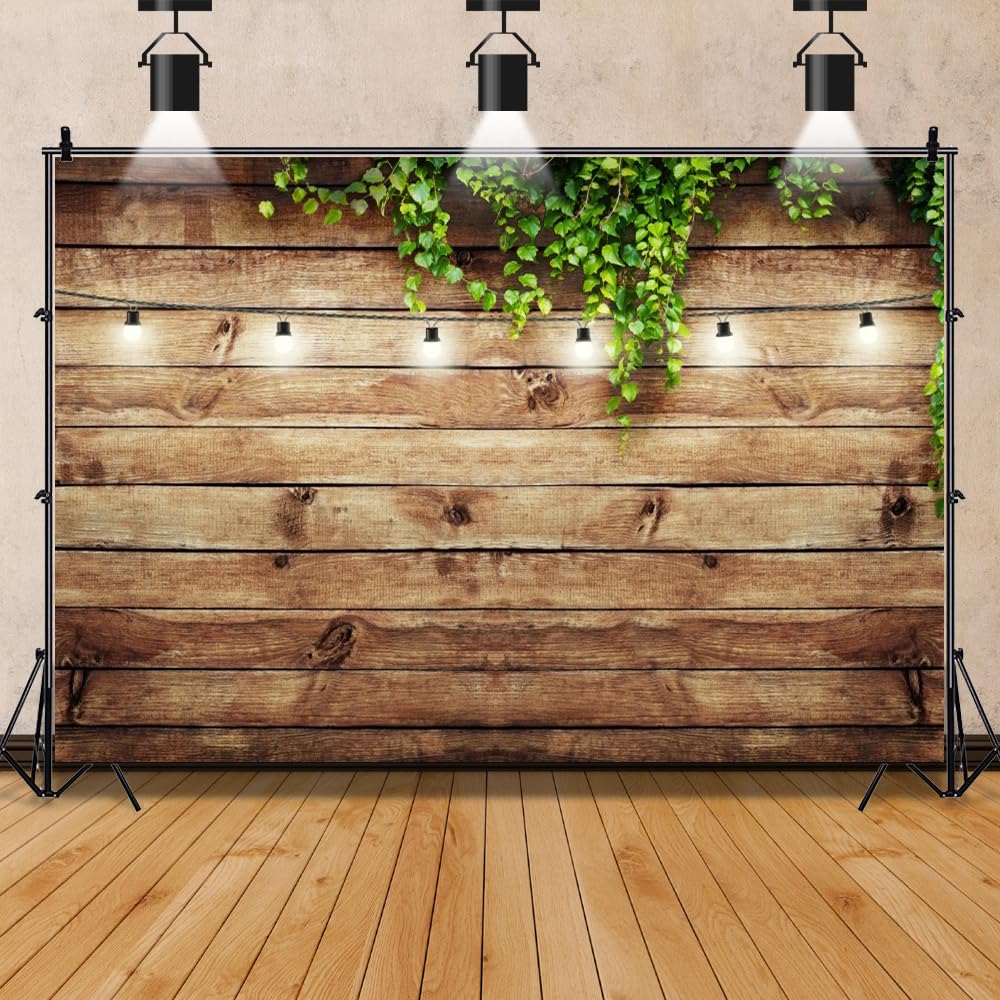 Leowefowa 10x8ft Vinyl Rustic Wood Photography Backdrop - Green Leaves Barn Background - Woodland Backdrop for Bridal, Baby Shower, Wedding, Party &