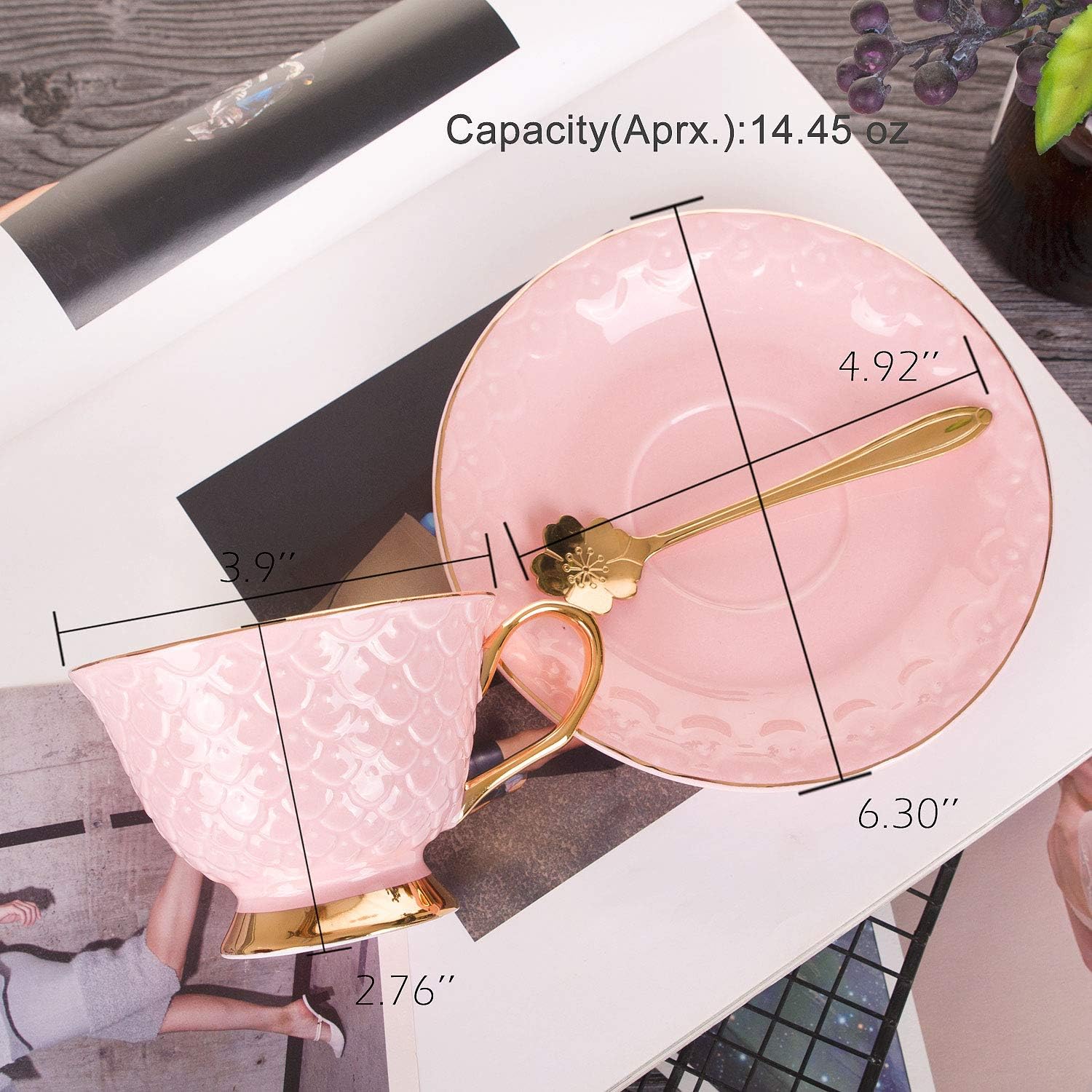 VanEnjoy Pink Vintage 8 Ounces Porcelain Coffee Cup,Tea Cup and Saucer Set and Saucer with Decorative Scale Pattern, Vintage - Image 2