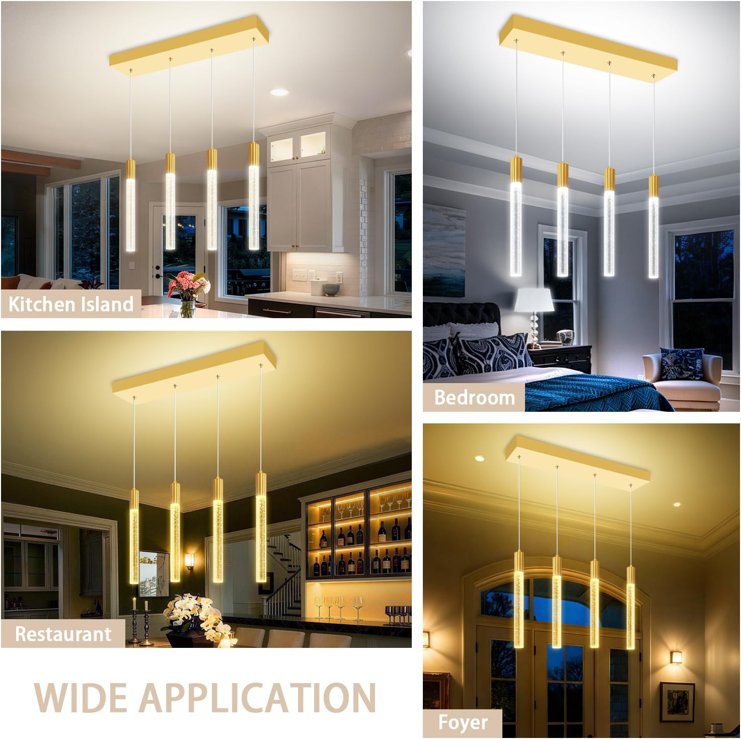 Modern 4-Light Gold Crystal Column Pendant Light Rectangular Crystal Chandelier LED Hanging Light for Dining Room Living Room, Hallway, Bedroom