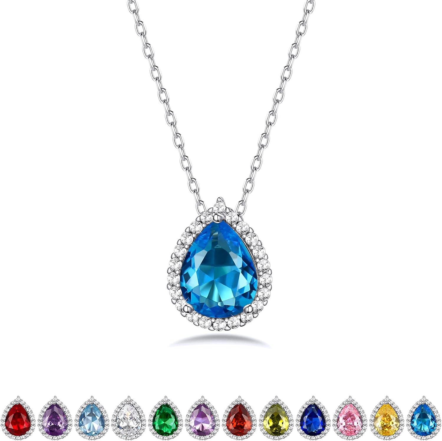 Bestyle Sparkling 925 Sterling Silver Birthstone Necklaces for Women, Created Heart/Round/Teardrop/Square Crystal Solitaire Pendant Diamond Necklace, Great Birthday/Anniversary/Wedding Gifts