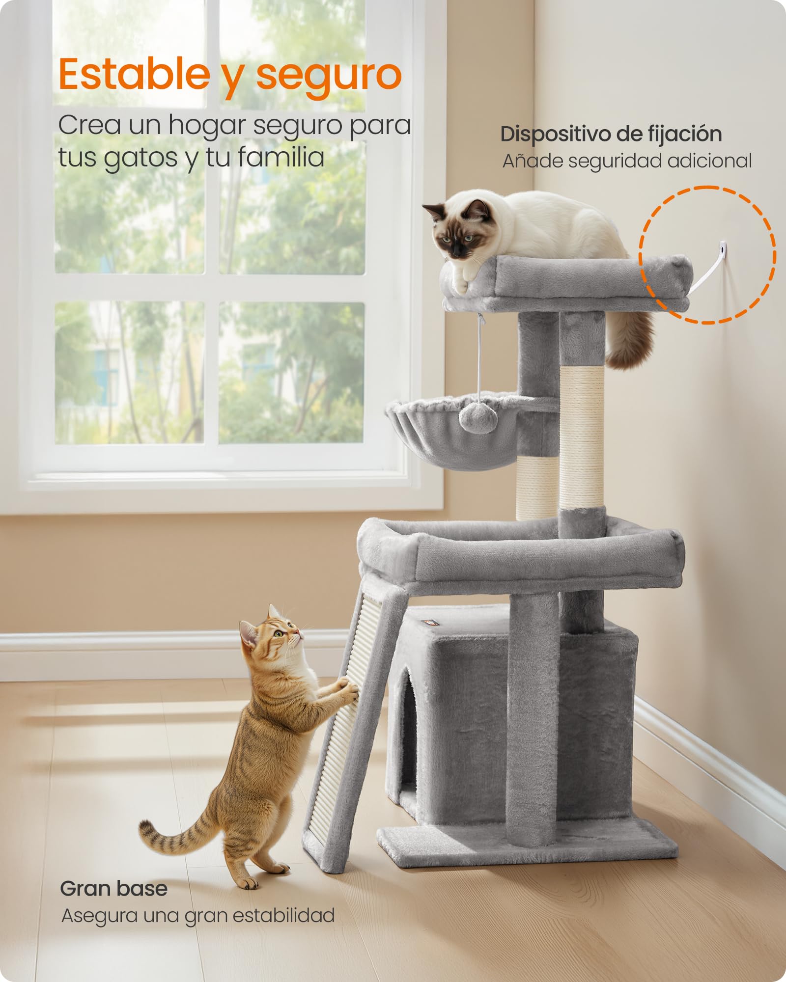 Feandrea Árbol para Gatos, Torre de Juegos con 2 Camas Grandes, Postes Rascadores y Rampa, 85,8 cm de Altura, Gris Paloma PCT013GD01