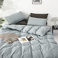 Vista 7 de Luxlovery - Juego de edredón azul neblina, tamaño matrimonial, minimalista, azul polvoriento, edredones de algodón suaves y transpirables, azul