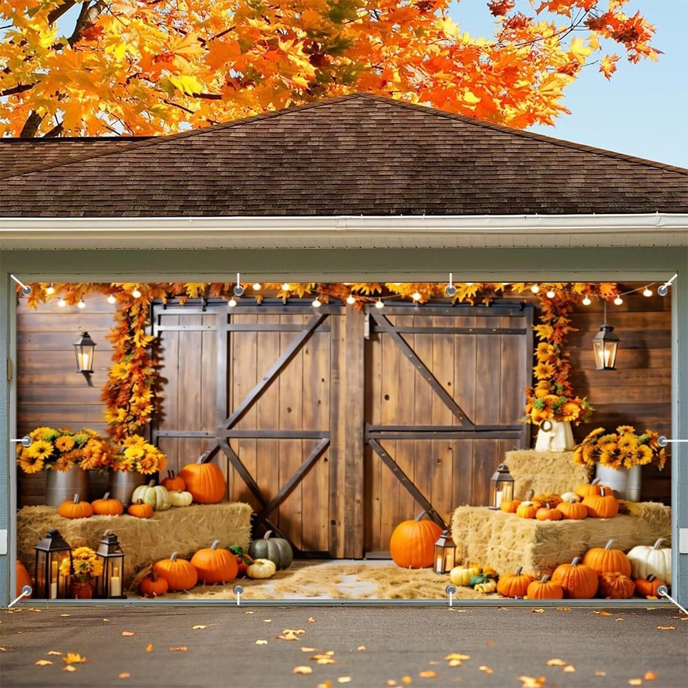 Fall Thanksgiving Garage Door Cover Decorations Banner Backdrop 7x16ft,Large Hanging 2 Car Autumn Garage Cover,Barn Wood Door Pumpkin Sunflower Backdrop for Indoor Outdoor Holiday Decorations