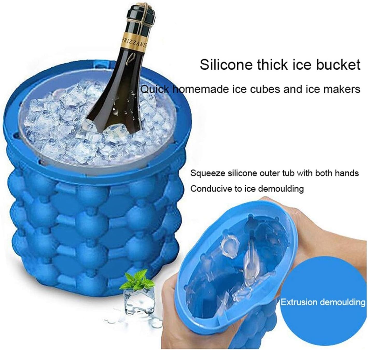 Creative silicone ice bucket portable ice cube mold (2 in 1) Space Saving Ice Cube Maker for Soft Drinks Cocktail Ice Wine On Ice （Blue） Double wall stainless steel