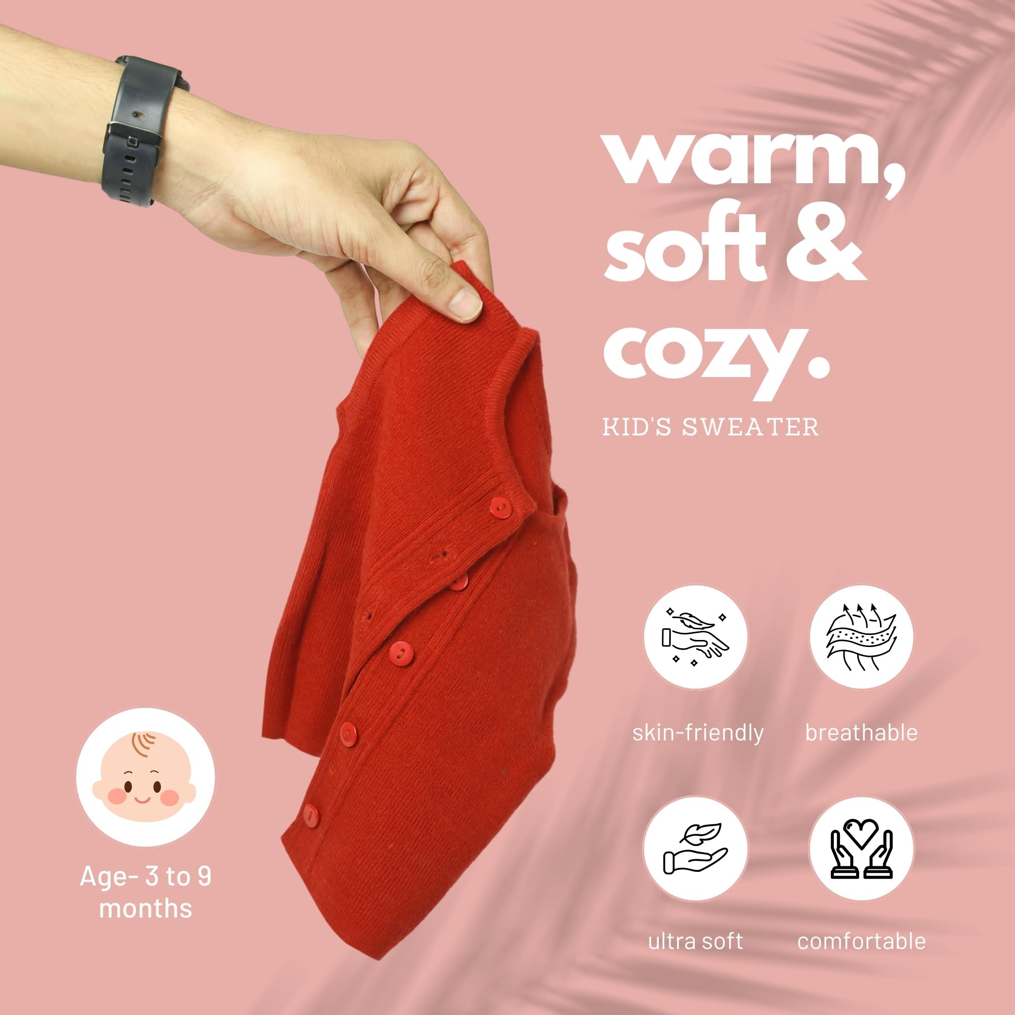 THE LITTLE LOOKERS Front Open Half Sleeves Sweaters/Inner/Bandi/Wollen Vest for New Born Babies/Infants(3-9 Months) (Red & White) - Image 4 thumbnail