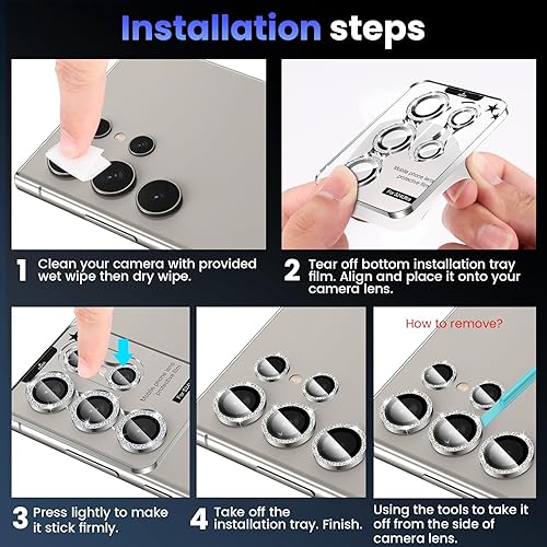 Miniatura 7 de Tensea Protector de lente de cámara Samsung Galaxy S24 Ultra 5G, protector de pantalla de vidrio templado 9H, anillo individual de metal para S24