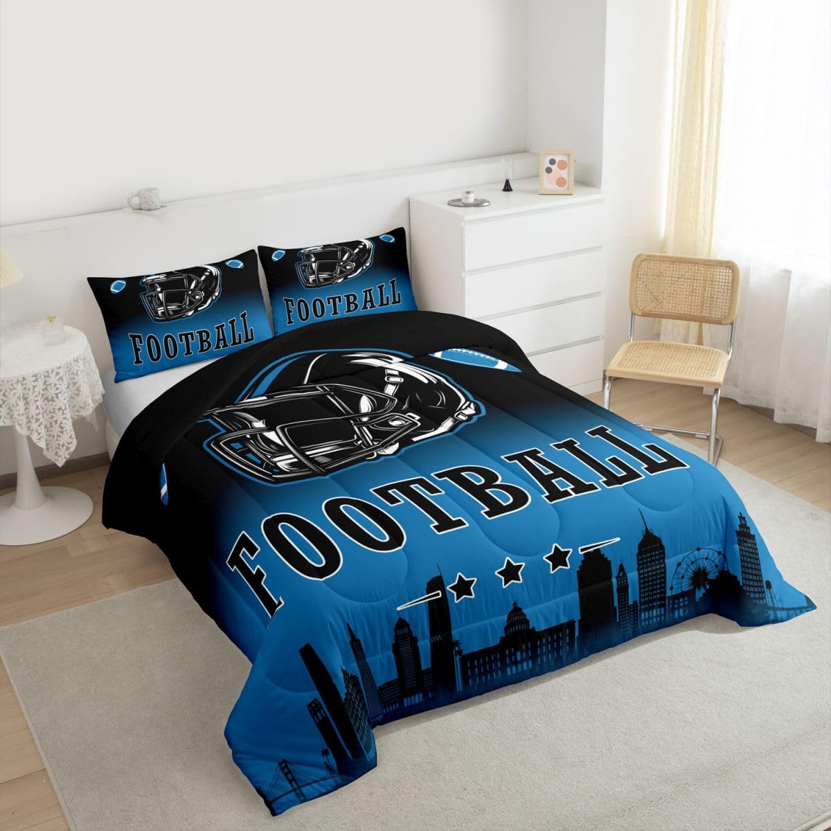 Erosebridal American Soccer Bedding Set Football City Twin Comforter Set for Kids Boys Teen,Rugby Sports Games Comforter Black Blue Duvet Insert 1 Pillow Case