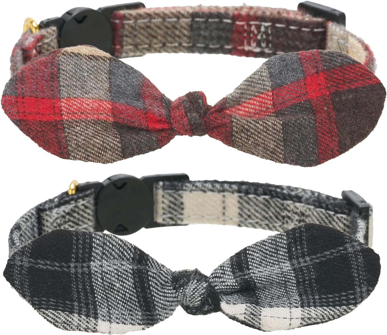 2 Pack Cat Collars Cotton Handtie Bunny Bow,Quick Release Safty Buckle,Soft and Comfy Cotton Material in Red and Black Plaid Designs