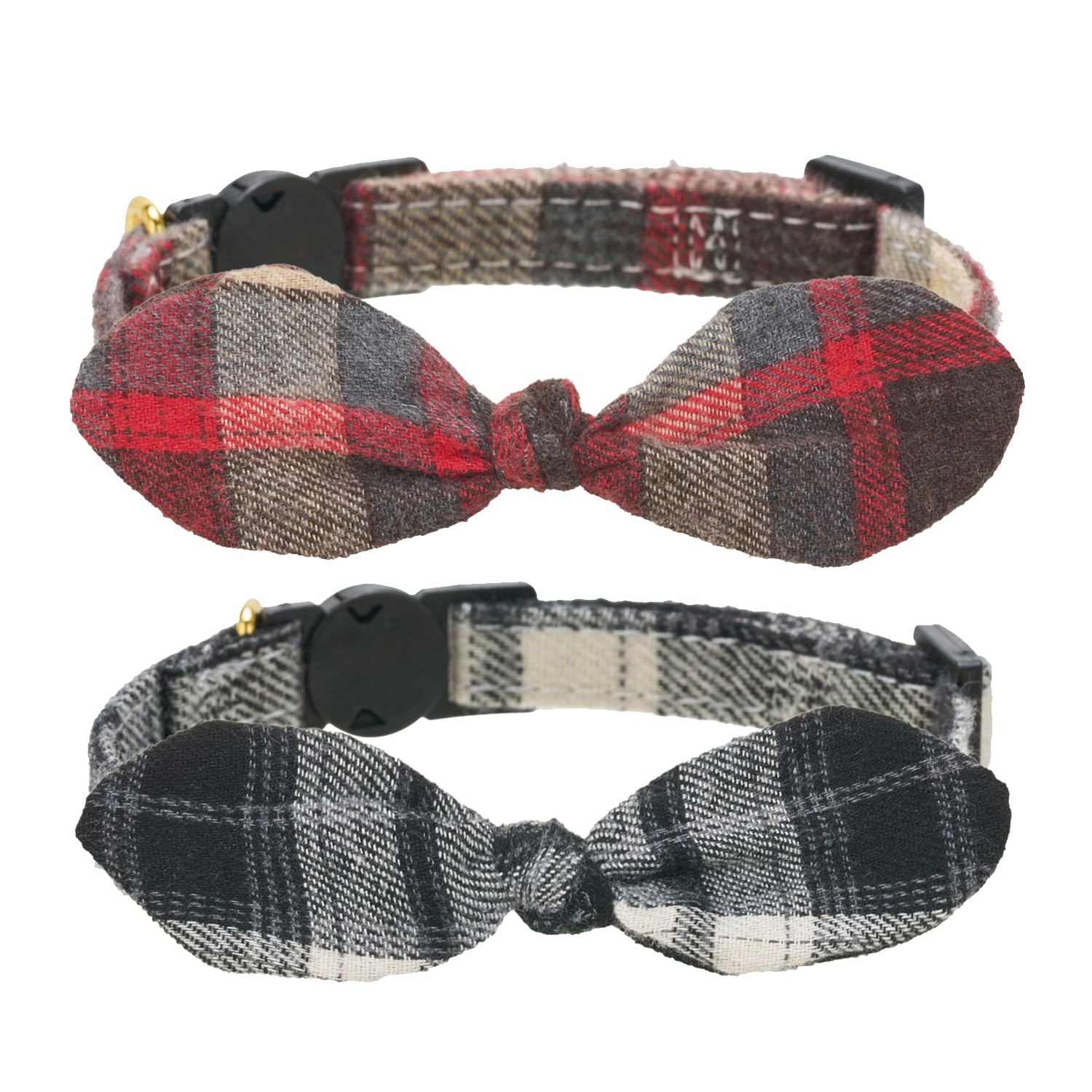 2 Pack Cat Collars Cotton Handtie Bunny Bow,Quick Release Safty Buckle,Soft and Comfy Cotton Material in Red and Black Plaid Designs