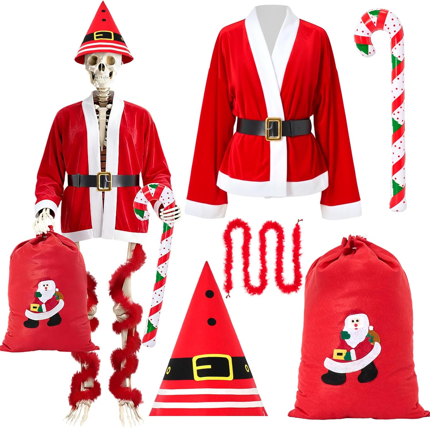 Newcotte 5 Pcs Christmas 12 ft Skeleton Costume Set Giant Santa Outfit Clothes Includes Santa Suit Hat Inflatable Candy Cane Red Fur Garland with Bags for Outdoor Decoration, Skeleton Not Included