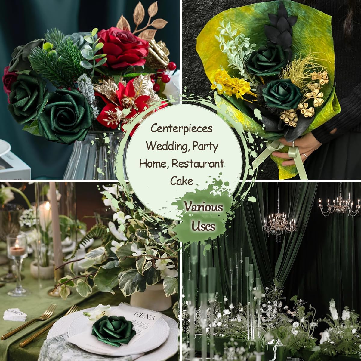 50pcs Emerald Green Artificial Flowers Foam Fake Dark Hunt Green Rose with Stems 12 Leaves Real Looking Faux Roses for Wedding Bouquets Bridal Shower Centerpieces Arrangements Party Tables Decoration