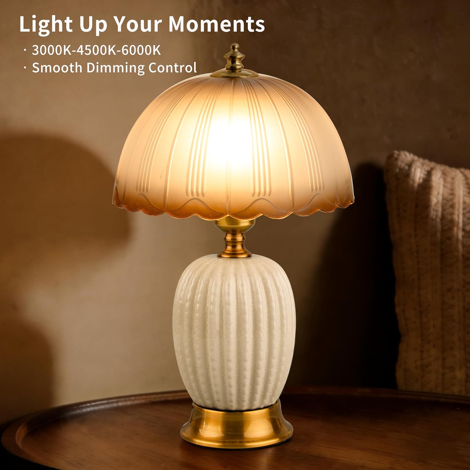 15.7" Vintage Ceramic Small Table Lamp, White Cactus Retro Bedside Lamp with Gradient Glass Shade, 3-Color Dimmable Nightstand Light for Bedroom & Living Room, Home Decor, Bulb Included