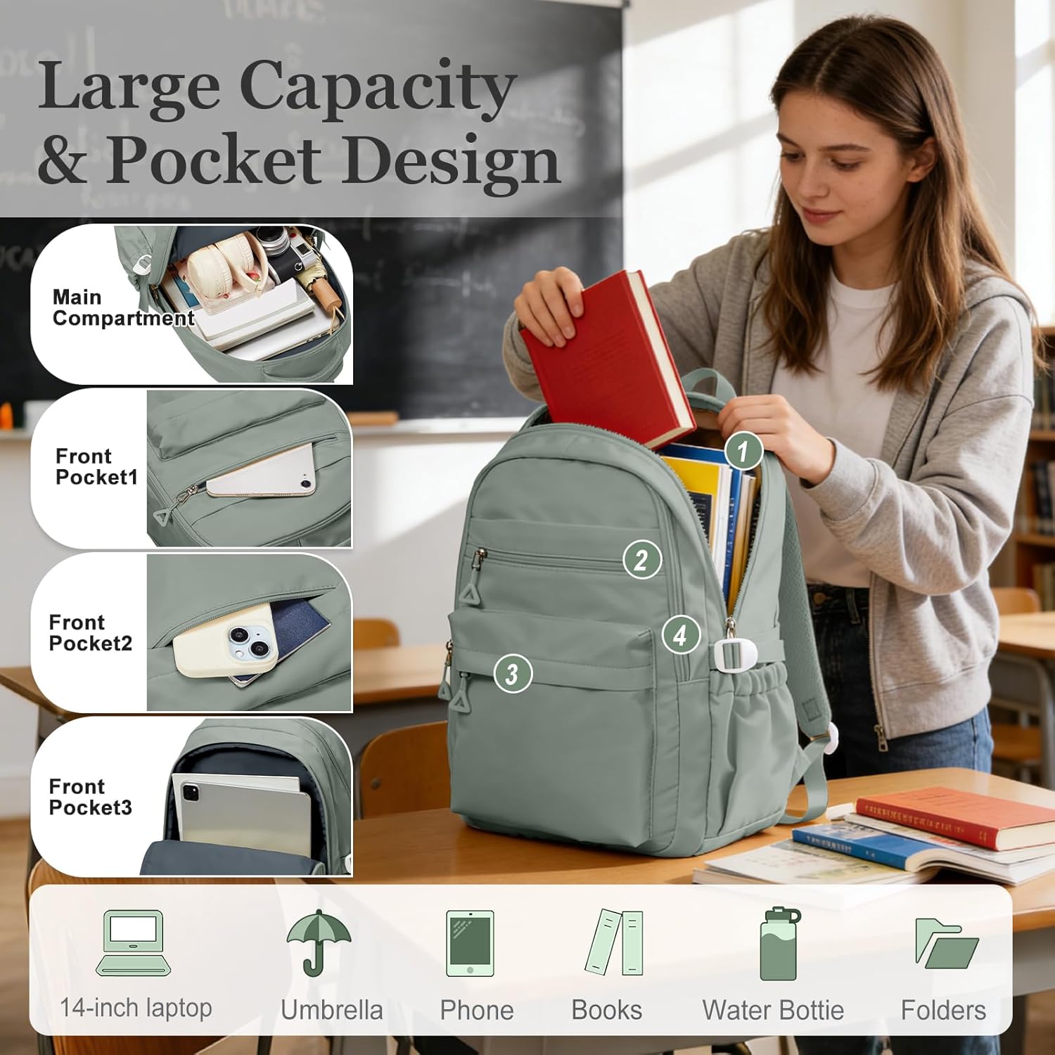 Backpack for College Students Women Men, Aesthetic Backpacks for Middle School, Waterproof Bookbag, Lightweight High School Backpack for Teens Boys Girls(Green) - Image 3