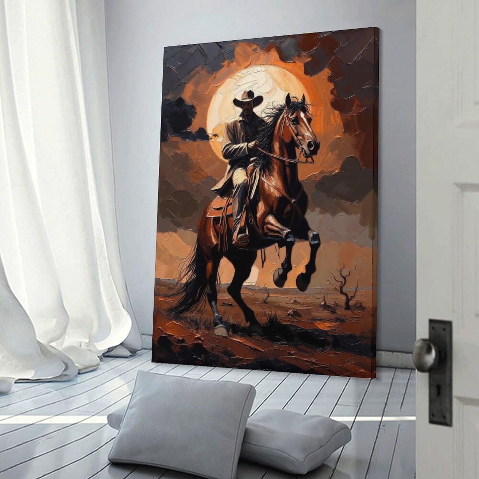 Junmoney Frame-Style-20 Dramatic Impasto Cowboy Art Rearing Horse At Sunset Room Decor Wall Art 20X30inch(50X75cm), For Lounge Decor, Offices Or Entryway Styling, A Flexible Wall Accent For Shared Spaces
