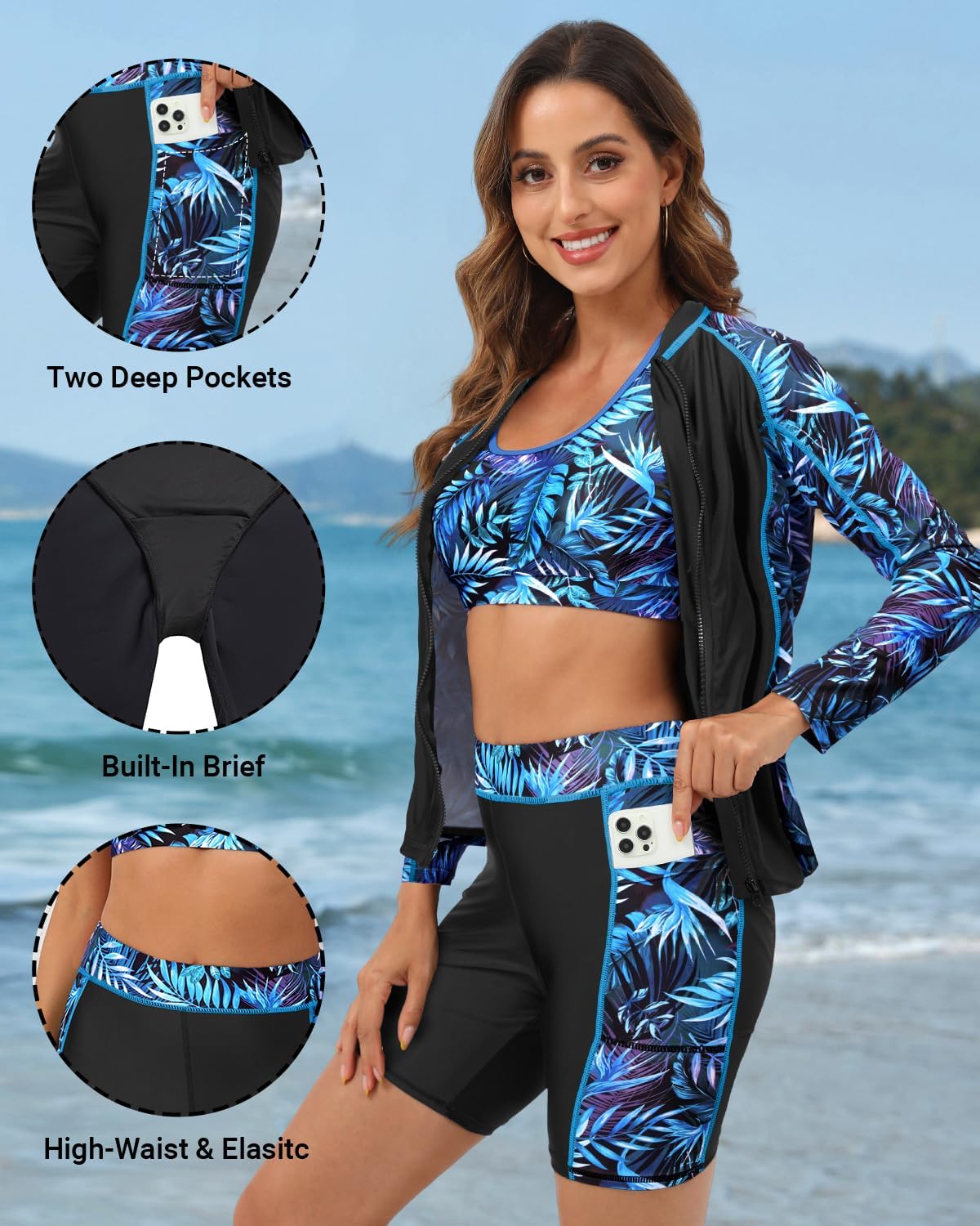 Daci Women 3 Piece Rash Guard - 3PC Long Sleeve Zip up Swim Shirt Sports Bra Modest Swimsuit with Shorts