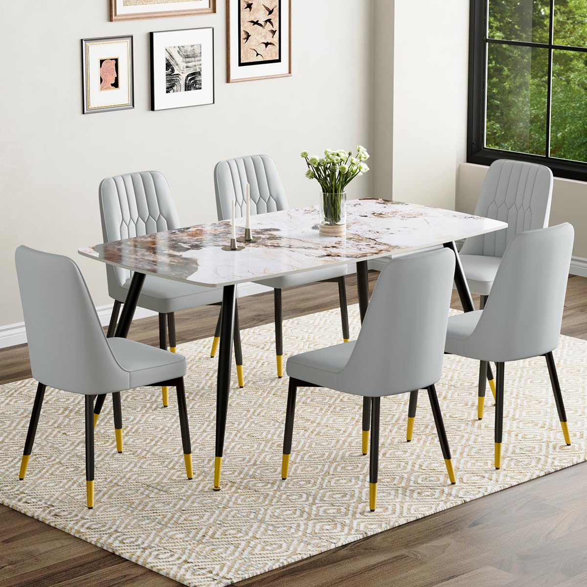 MUUOKY 6 Person Dining Table Set, Sintered Stone Dining Table Set for 6, Kitchen Table Chairs Set of 6, Easy to Assemble