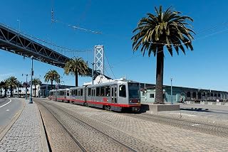 Historic Pictoric Photo - Muni Light Rail Transit car at Embarcadero, with Bay Bridge in Background. San Francisco, California- Fine Art Photo Reporduction 24in x 16in
