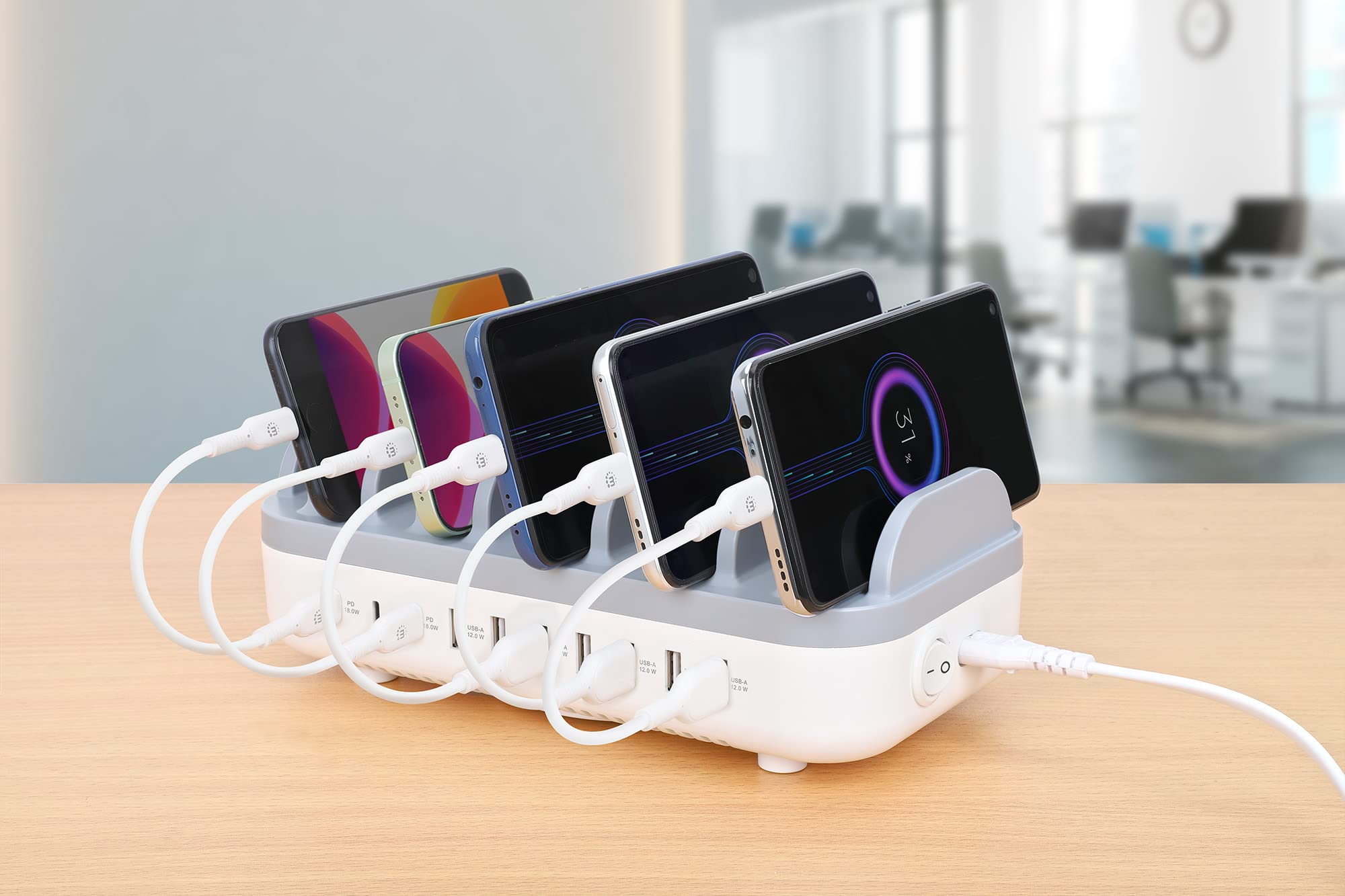 Manhattan Stazione di ricarica USB Power Delivery a 10 porte, 120 W, bianco/grigio