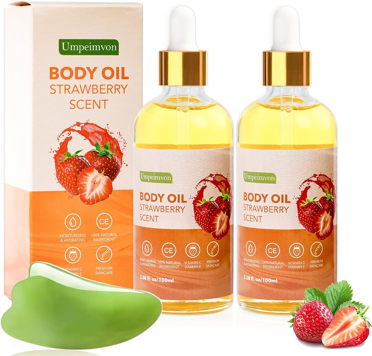 2 Pack 3.38 fl.oz Strawberry Body Oil after Shower | Vitamin C & E Gua Sha Body Oils Scented Body Oils for Women, Dry Body Oil Juice for Skin