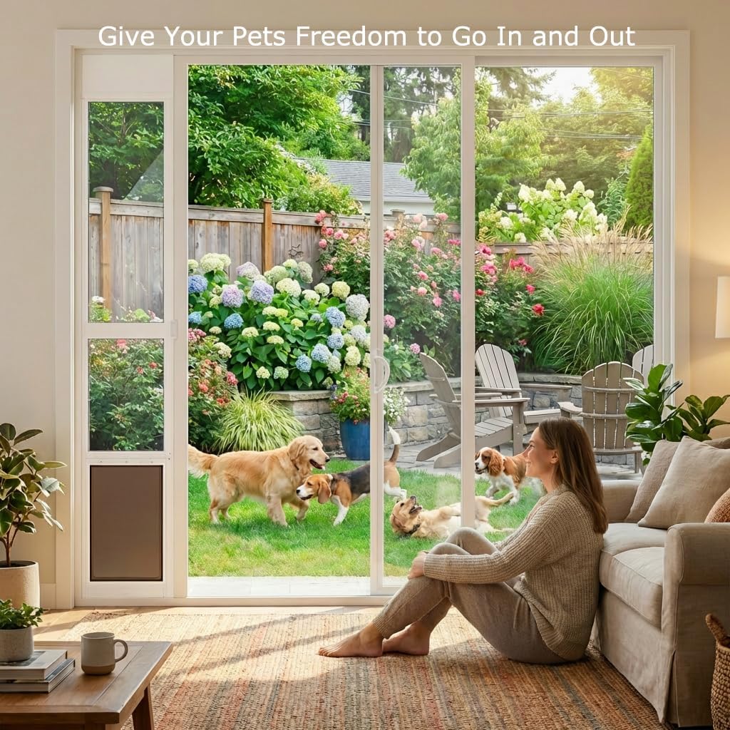 Dog Door for Sliding Glass Door, Adjustable Height 75 3/5" to 80", Aluminum Frame Sliding Glass Pet Door, Suitable for Medium Dogs Up to 30 lbs(Medium,White)