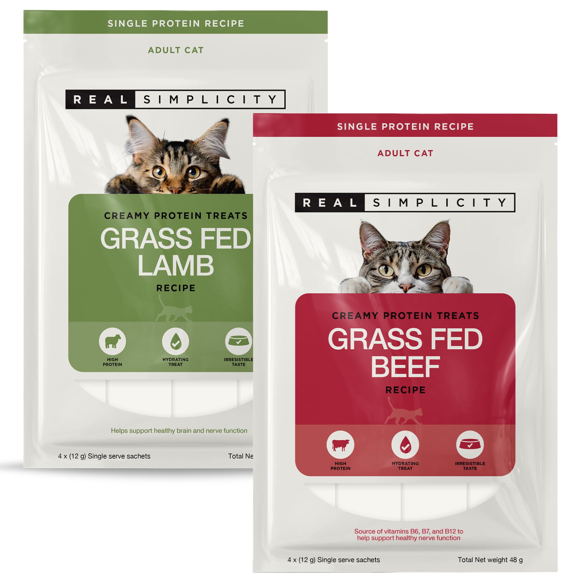 Real Simplicity Premium Lickable Cat Treats, Grass Fed Meat Collection, 47% Beef & 45% Lamb, High Meat Single Protein, Grain Free Cat Food Topper, Adult Cats, 16 x 12g (4 Packs) โ image 1