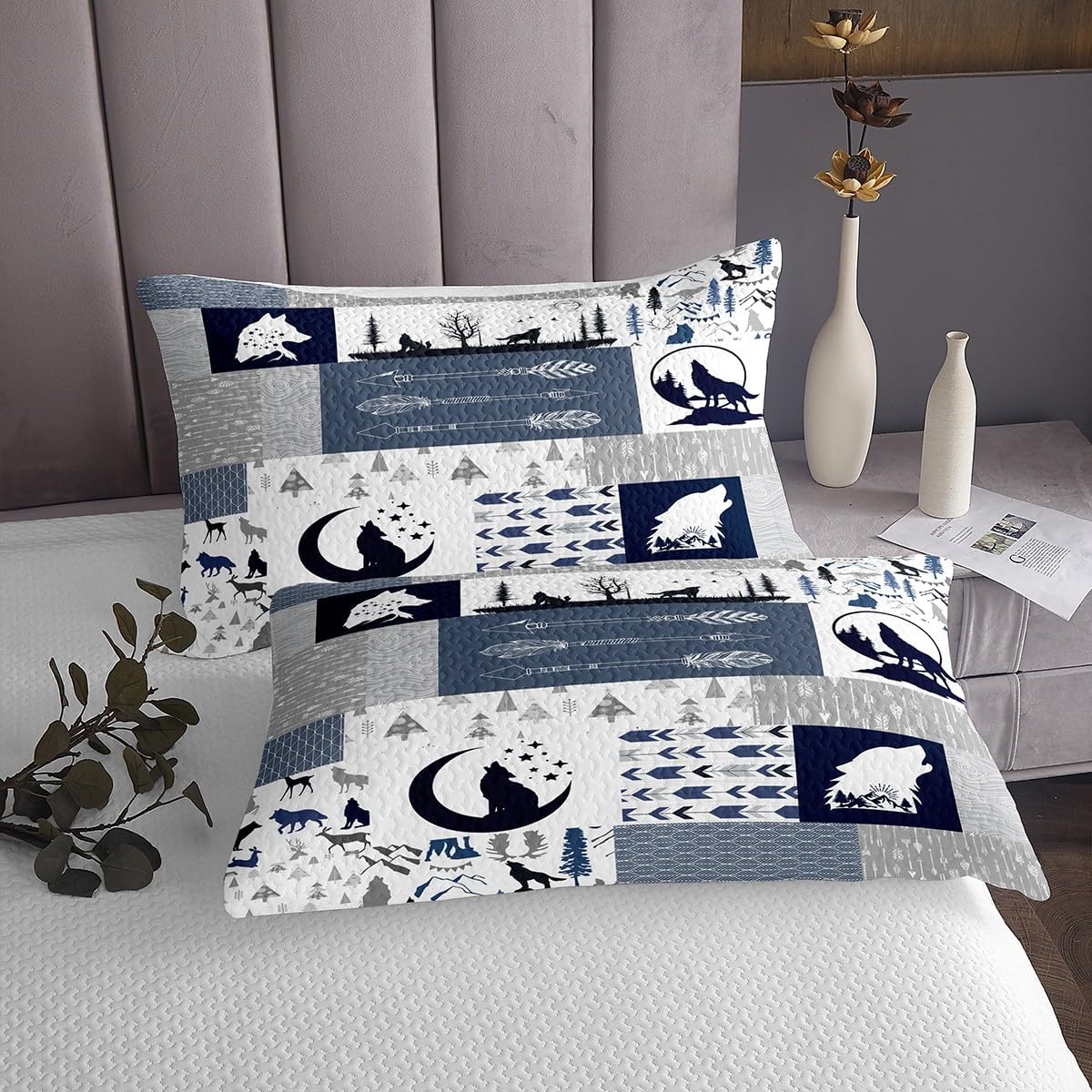 Feelyou Cute Wolf Sheets Twin Size with 1 Pillow Case Wolves Howling Bed Sheet Set Woodland Blue Bedding Set Modern Geometric Bed Sheets for Boys Girls Kids Adults