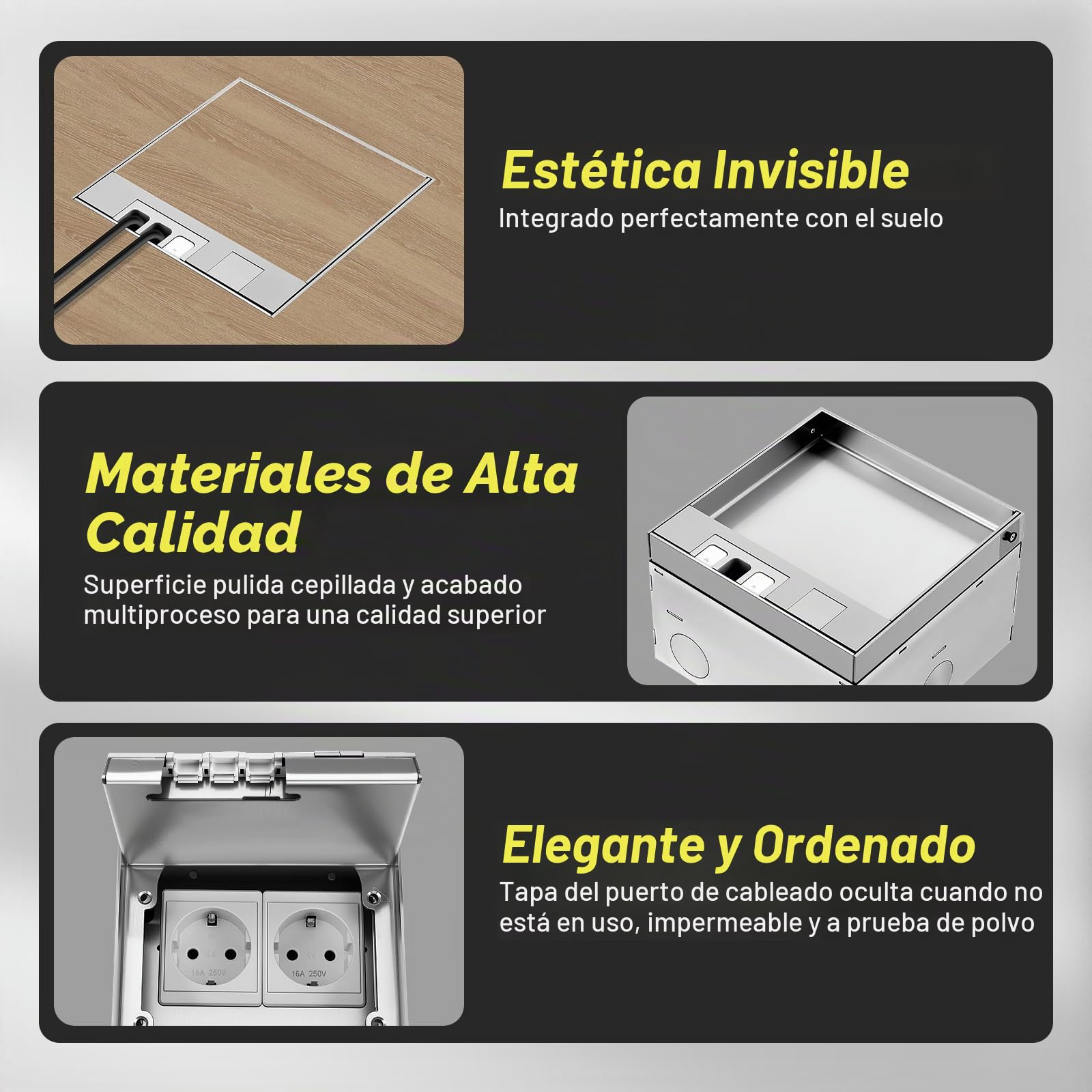 Caja de enchufes empotrada de suelo, 16 A, 4000 W, acero inoxidable, impermeable, tomas de corriente de 2 vías, UE, juego de tomas de corriente retráctiles para cocina, salón, oficina y hotel