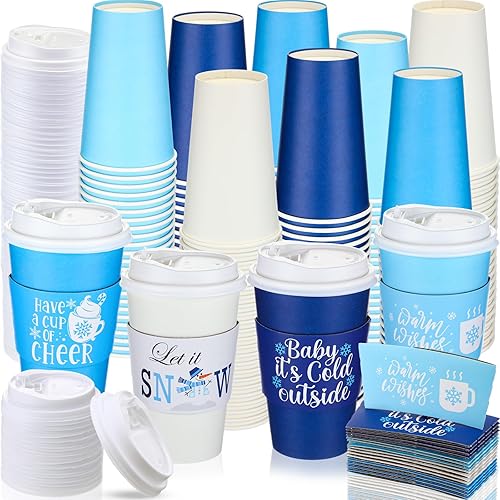 100 Pack 16 oz Winter Christmas Disposable Coffee Cups Bulk